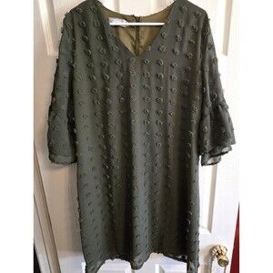 Belongsci Shift Dress Women's XL 3/4 Sleeve Midi V Neck Green Swiss Dot Boho